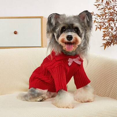 Red Gentleman Bow Tie Knitted Sweater, Warm Long Sleeve For Small Dogs Like Poodle, Teddy, Schnauzer