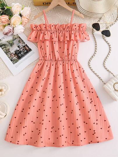 1 pieza Vestido de estilo dulce para niña preadolescente, vestido de verano, vestido de tirantes con estampado de corazones naranja-rosa para niña preadolescente, vestido con volantes y hombros descubiertos para adolescentes, adecuado para niñas de 8 a 12 años, para uso en exteriores, casual, fiesta, regalo de cumpleaños, regalo de vacaciones, ropa infantil