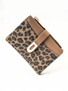 1 pieza Billetera compacta de estilo clásico con estampado de leopardo y parches, de PU marrón con cierre a presión, portador de tarjetas e identificación, ligera para mujer, billetera mini, monedero, billetera pequeña, billetera linda - Marrón - Ver 2