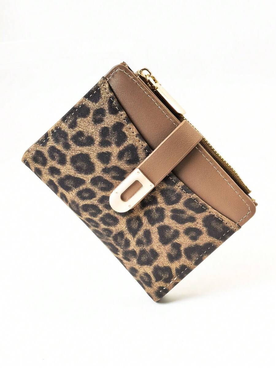 1 pieza Billetera compacta de estilo clásico con estampado de leopardo y parches, de PU marrón con cierre a presión, portador de tarjetas e identificación, ligera para mujer, billetera mini, monedero, billetera pequeña, billetera linda