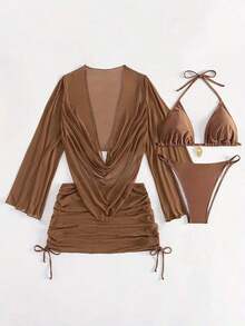 4pcs Sexy Solid Color Bikini Set With Sheer Cover-Up, Suitable For Vacation, Beach Party, Also Ideal For New Year And Valentine's Day, Exuding Elegance And Avant-Garde, Perfect Choice For Casual Women In Spring/Summer - 卡其色 - 查看 3