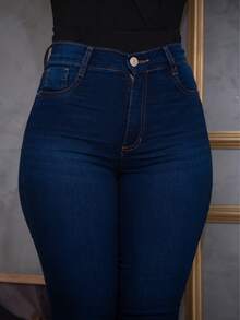 Calça Jeans Feminina Sawary Cintura Alta Flare Boca Sino Boot Cut Confortável Lycra Elastano Stetrch - Azul Marinho - Visão 8