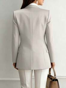 Women's Elegant Open Front Blazer Jacket, Lapel Collar, Long Sleeve, Button Detail, Regular Fit - Light Grey - View 3