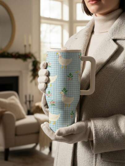 Taza aislada con asa con diseño de ganso lindo y estampado de cuadros, taza de viaje portátil de acero inoxidable. Gran capacidad adecuada para té y café, se puede colocar en el portavasos del automóvil. Diseño de estilo campestre adecuado para el trabajo, la escuela y los picnics. Un dulce regalo para damas y madres.