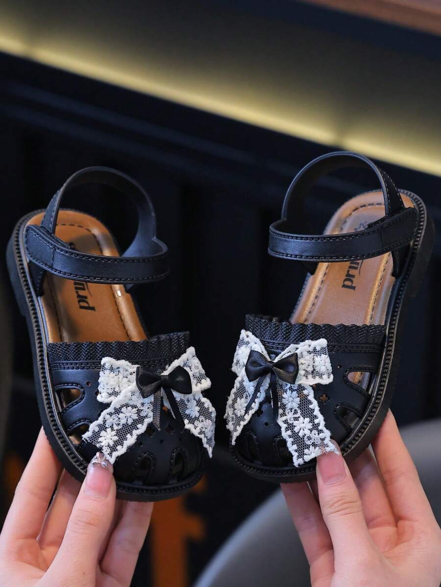 可爱水钻蝴蝶结露趾女童凉鞋，透气沙滩度假鞋 - 黑色 - 查看 1