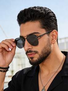 新款时尚金属半框双梁飞行员太阳镜，男女通用，提供遮阳和紫外线防护 - 黑色 - 查看 3