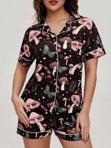 2pcs Women Mushroom, Leaf, Butterfly Print Starry Atmosphere Decorated Short Sleeve Shorts Pajama Set, Comfortable Polo Collar, Ribbed Trim, Versatile, Knit Top With Button Front Pockets, Elastic Waist Pants, Suitable For All Seasons Casual Loungewear - 黑色 - 查看 8