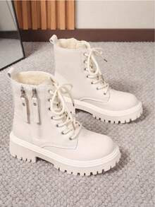 Women's Beige Chunky Sole Lace-Up Combat Boots - Casual Ankle Boots For Daily Wear - Beige - View 5