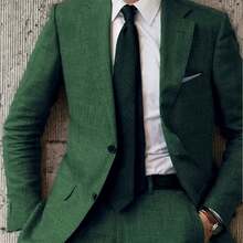 Men's 2pcs Linen Suit Summer Wedding Formal Party Events Tuxedo Suit Elegant Casual Working Business Suit 34S 36S 38S 40R 42R 44R 12.15gal - 墨綠色 - 查看 1
