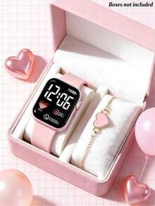 2pcs/Set, Fashionable & Elegant Women's Square Pink Digital Display Watch With Heart-Shaped Bracelet, Suitable For Parties, Queuing, Festivals To Check Time, Also An Ideal Gift For Girlfriend On Valentine's Day, Thanksgiving, Carnival, Mother's Day - Multicolor - View 1