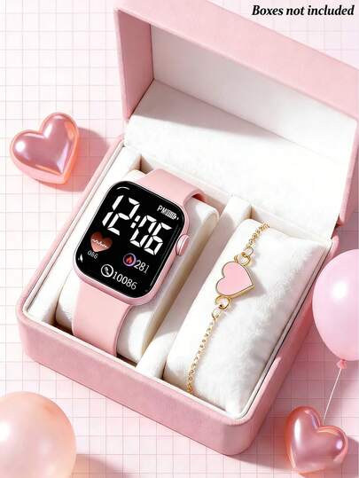 Set de 2, Reloj de mujer cuadrado con pantalla digital rosa y pulsera con forma de corazón, elegante y de moda, adecuado para fiestas, hacer filas, festivales para comprobar la hora, también un regalo ideal para la novia en San Valentín, Acción de Gracias, Carnaval, Día de la Madre