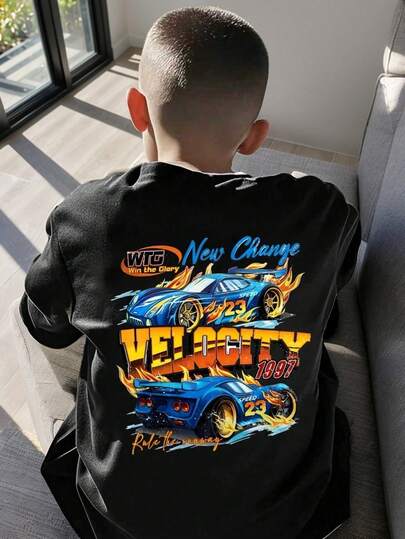 Young Boy Letter & Racing Car Graphic Print Round Neck Short Sleeve T-Shirt