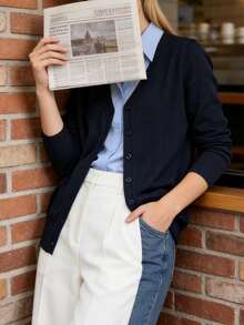 Women's Lightweight V-Neck Cardigan Sweater Solid Color Long Sleeve Slim Fit Jacket - Blue - View 4