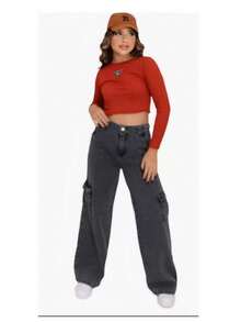 Graphite Cargo Jeans For Girls (Youth) - Gris Oscuro - Ver 1