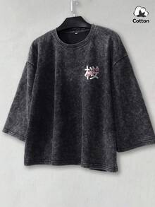 Hemo 男士夏季街头时尚日系樱花图案方领T恤，弹力水洗黑色休闲日常短款上衣 - 黑色 - 查看 2