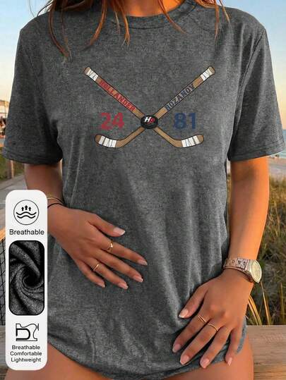 Plusstorlek Dam Daglig Passionerad Grafisk Rund Hals Kortärmad Avslappnad Sommartopp'} {'translate_en':'Dam Hockey Korsade Pinnar Grafisk T-shirt, Ishockeytema T-shirt