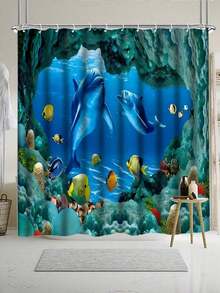 海豚图案浴帘套装，含12个挂钩的浴帘、防滑浴室垫、U型马桶垫、马桶垫、浴室配件 - 彩色 - 查看 13