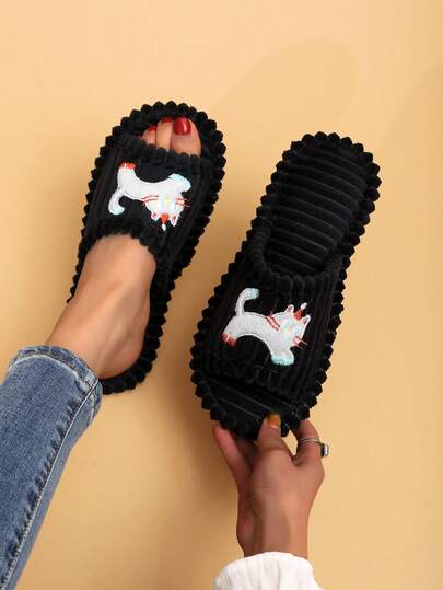 Women's Open Toe Striped Dachshund Cat Cartoon Slippers, Comfortable, Lightweight, Quiet, Suitable For Indoor & Outdoor Wear, Fashion Gift Slippers