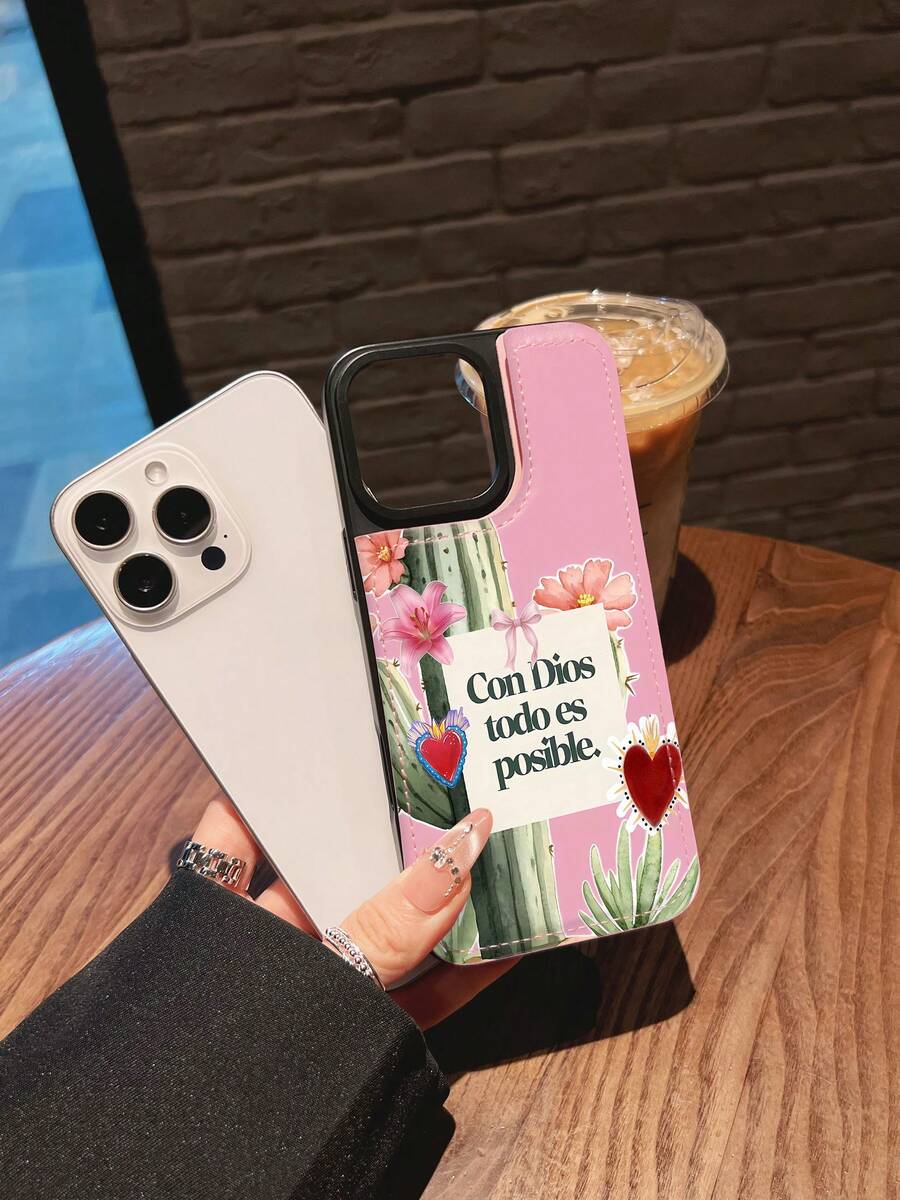 Estuche para teléfono con diseño floral de cactus Compatible con estuches para teléfonos 17 16 Pro Max 15 Pro Max 13 y 12 Hecho de material de TPU con un cierre magnético incorporado para un fácil almacenamiento de documentos, ya sea para uso diario o viajes Cómodo al tacto Un gran regalo para familiares, amigos, seres queridos, novios, novias y para aniversarios y días festivos - Rosa - Ver 1