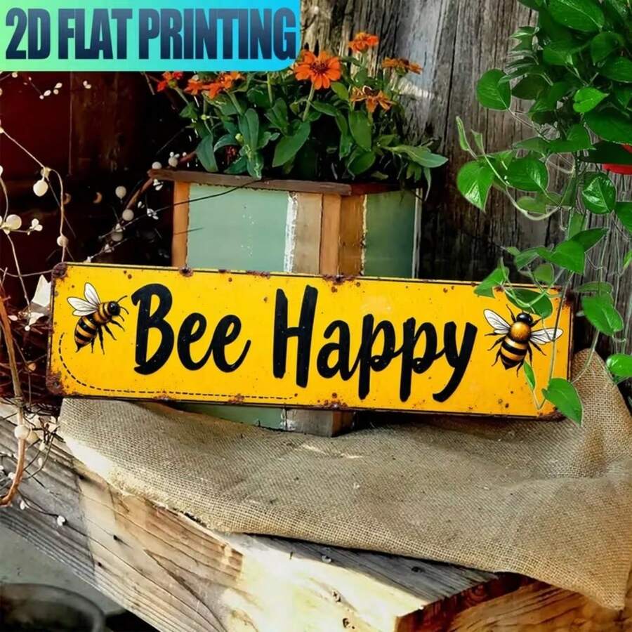 2D Plat, Rétro "Bee Happy" Décoration murale en métal - Décoration de ferme en fer durable 40 cm x 10 cm, convient pour la maison, le café, la salle de bain, le garage - Installation facile, idée de cadeau unique, style européen, décoration d'intérieur, 2D Plat