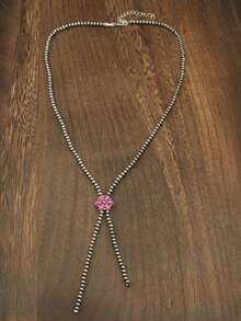 Nueva serie rosa Collar en forma de Y con estilo occidental y margarita, collar de perlas con textura rústica y estilo campestre, joyería de moda para mujeres, collar bohemio ajustable con cuentas rosas y vintage para niñas - Rosa - Ver 14