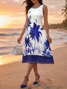 2pcs Plus Size Women's Blue & White Contrast Tropical Print Round Neck Dress With Open Front Short Sleeve Cardigan, Suitable For Beach Vacation, Beach Photography, Valentine's Day, Ramadan, Evening Date, Beach, Vacation, Date, Church, Commute, Wedding Guest - Royal Blue - View 3