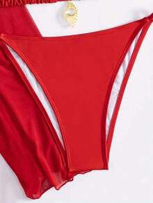 4pcs Sexy Solid Color Bikini Set With Sheer Cover-Up, Suitable For Vacation, Beach Party, Also Ideal For New Year And Valentine's Day, Exuding Elegance And Avant-Garde, Perfect Choice For Casual Women In Spring/Summer - Đỏ - Xem 5