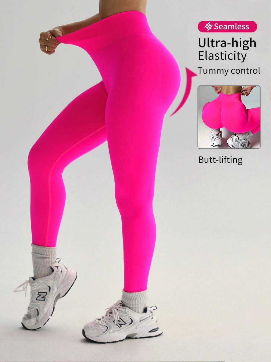 Plus-Size Women's Outdoor Casual Yoga Tight-Fitting Fitness Running Sports Leggings, Seamless, High-Elasticity And Hip-Lifting - 玫紅色 - 查看 1