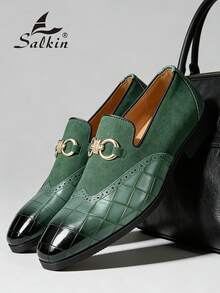 Salkin 复古男士一脚蹬乐福鞋，优雅绅士牛津鞋，带扣装饰，仿麂皮拼接，防滑耐用鞋底，休闲/商务/正式穿着，适合大学、毕业典礼、办公室、派对、婚礼、春夏/秋季，建议选择小一码 - 綠色 - 查看 1