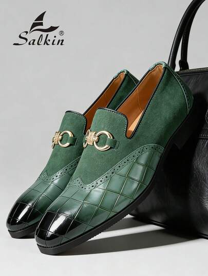 Salkin Vintage Men's Slip-On Loafers, Elegant Gentleman Oxfords With Buckle Decor, Faux Suede Patchwork, Non-Slip Durable Sole, Casual/Business/Formal Wear, Suitable For College, Graduation, Office, Party, Wedding, Spring/Summer/Autumn, Recommend Sizing Down