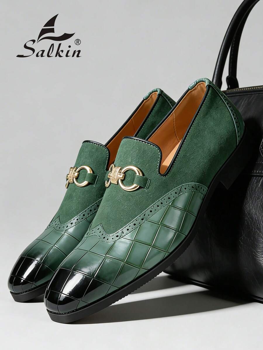 Salkin 复古男士一脚蹬乐福鞋,优雅绅士牛津鞋,带扣装饰,仿麂皮拼接,防滑耐用鞋底,休闲/商务/正式穿着,适合大学、毕业典礼、办公室、派对、婚礼、春夏/秋季,建议选择小一码 - 綠色 - 查看 1