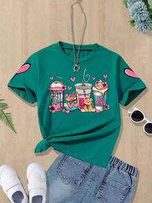 Tween Girls' Cartoon Bear Drink Print Round Neck Short Sleeve Casual T-Shirt, Summer - Green - View 1