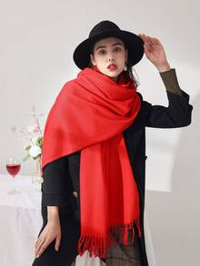 1条女士加厚双面仿羊绒围巾，优雅简约风格男女通用披肩，秋冬季日常百搭保暖 - 黑色 - 查看 10