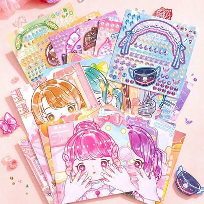 1本美甲及配件设计贴纸书（随机主题），创意手工DIY材料贴纸，情景妆容贴纸，DIY游戏贴纸，个人服装设计贴纸，化妆变身游戏书，装饰策划用品，惊喜礼物，节日礼物，生日礼物