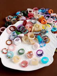 1/5/10/20/30pcs/Set Colorful Bohemian Style Round Square Geometric Resin Faux Jade Ring Set Suitable For Men And Women Holiday Party Beach Vacation Daily Wear Exquisite Holiday Gift Birthday (Random Color And Style) - Multicolor - View 5