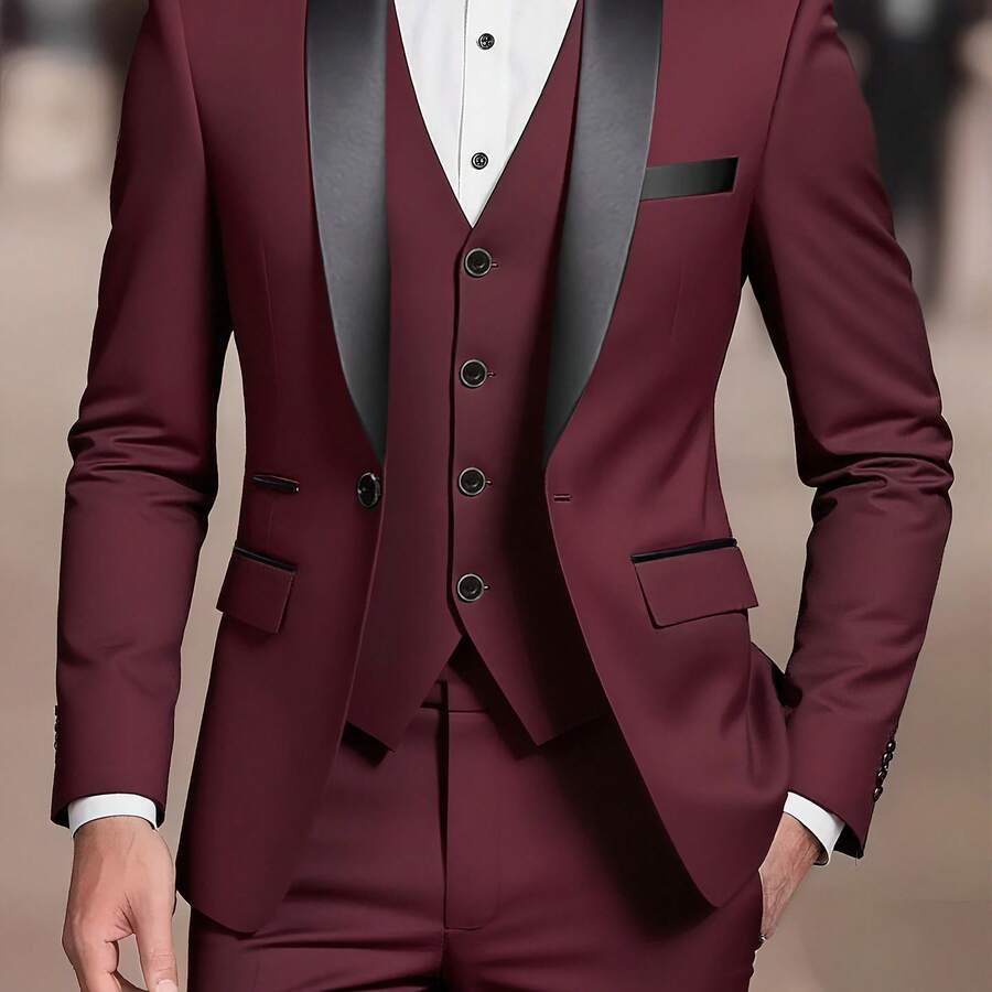 3pcs Men'S Suit Set | Elegant And Fashionable, Ideal For Weddings, Business, And Parties, Includes Blazer, Vest, And Pants - Crimson - View 1
