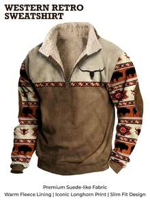 Spring/Fall Winter Regular Fit Button Front Zipper Pocket Halloween Mens Cowboy Sweatshirt Vintage Print Western Sweatshirt Casual Long Sleeve 1/4 Zip Fleece Pullover - N2KQ4 - Xem 1
