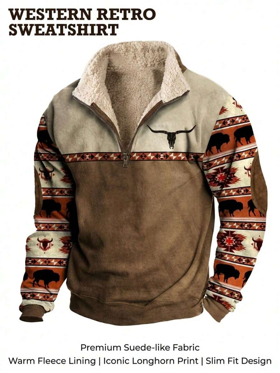 Spring/Fall Winter Regular Fit Button Front Zipper Pocket Halloween Mens Cowboy Sweatshirt Vintage Print Western Sweatshirt Casual Long Sleeve 1/4 Zip Fleece Pullover - N2KQ4 - Xem 1