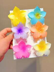 6个装女士五瓣花发夹，时尚沙滩度假风发爪，适合日常使用 - 彩色 - 查看 2