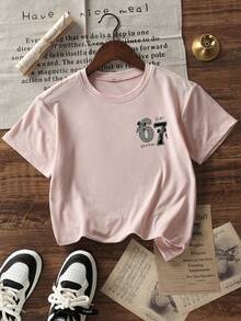 少女休闲印花圆领短袖T恤，夏季上衣 - 粉色 - 查看 5