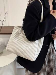 Túi xách kẻ sọc thời trang - Túi đeo vai cỡ lớn dành cho nữ - Túi tote có khóa kéo dùng hàng ngày - Túi tote quai xích kim loại - trắng - Xem 11