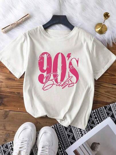 Camiseta Feminina Vintage Rosa com Padrão dos Anos 90'S BABE - Suave e Confortável, Gola Redonda de Manga Curta, Minimalista e da Moda