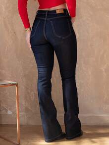 Calça Jeans Feminina Sawary Flare Cintura Média Boca de Sino Elastano Lycra Confortável Escura - Azul petróleo - Visão 2