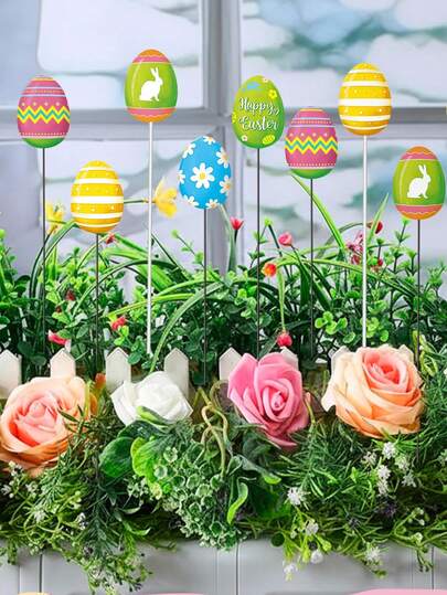 12pcs Easter Egg Garden Markers, Holiday Easter Garden Markers With Colorful Eggs And Rabbits, Outdoor Decor Perfect For Home Lawn, Front/Backyard Holiday Decoration, Home Decor, Birthday Party, Easter Party Decoration