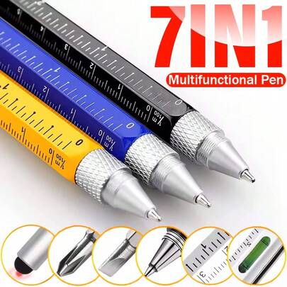 2pcs 7-In-1 Multifunctional Pen - Stainless Steel, All-In-One Portable Multifunctional Tool Pen With Flathead Screwdriver, Screwdriver, Level, Ruler (Metric & Imperial), Ballpoint Pen - Ideal Gift For Men, Father, Father's Day Or Valentine's Day - Cool Mini Tool Kit