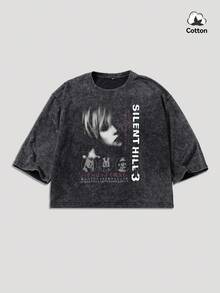 Hemo Men's Summer Street Fashion Dark Human Portrait Graphic Box Tee, Stretchy Washed Black Casual Everyday Wear Box Crop Top - Black - View 1