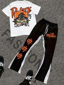American Hip Hop Graffiti Print Short Sleeve Set Black & Orange Contrast Dollar Sign Flared Pants Two-Piece Set Streetwear Funny Cartoon Loose T-Shirt & Tracksuit Set - 黑色 - 查看 6