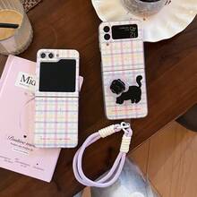 Plaid Purple & Black Cat Folding Phone Case For Samsung Z Flip3/4/5/6/7, Gradient Lanyard Sweet Girl Protective Cover - Multicolor - View 3