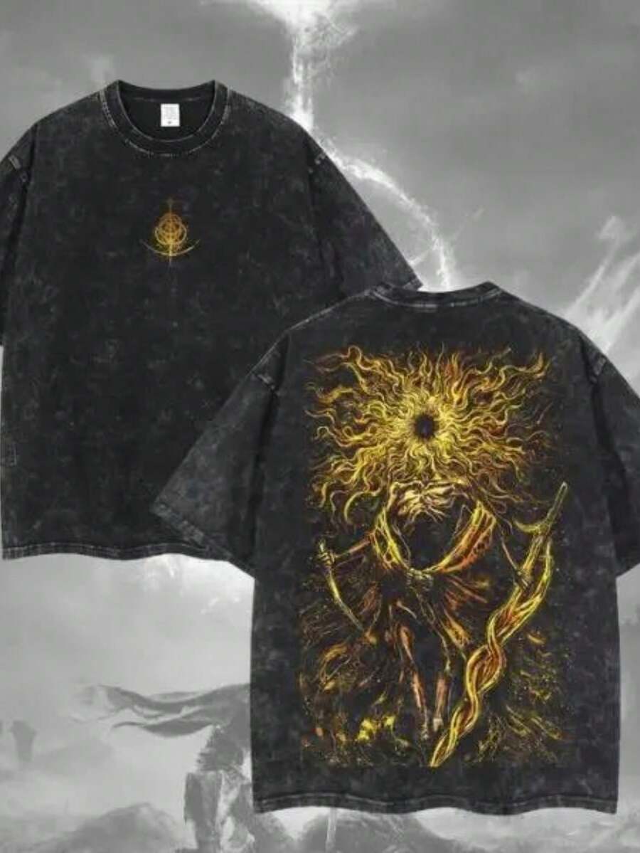 Washed Cotton Men's T-Shirt - "Elden Ring" "Mad Flame King" Mikella Washed Cotton Loose T-Shirt - Perfect Gift For Game Fans And Enthusiasts,  Outfit, Local Warehouse - 黑色 - 查看 1