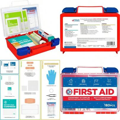 180 Piece First Aid Kit: Clean Treat Protect Minor Cuts Scrapes. Home Office Car School Business Travel Emergency Survival Hunting Outdoor Camping And Sports FSA HSA
